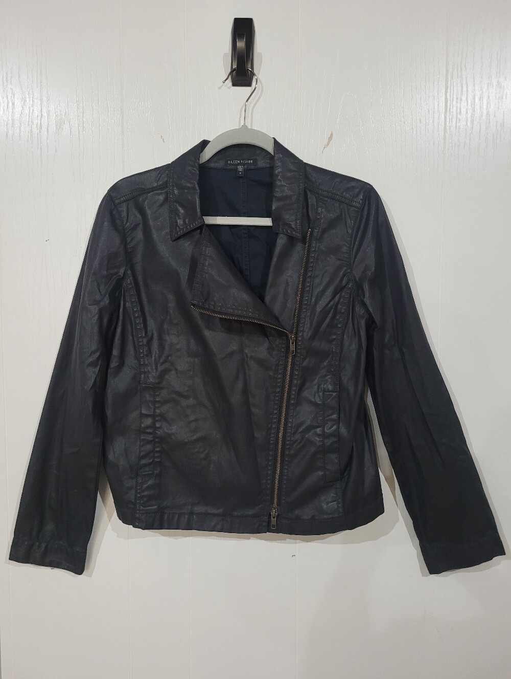 Eileen Fisher Black Waxed Linen Moto Jacket Size Small